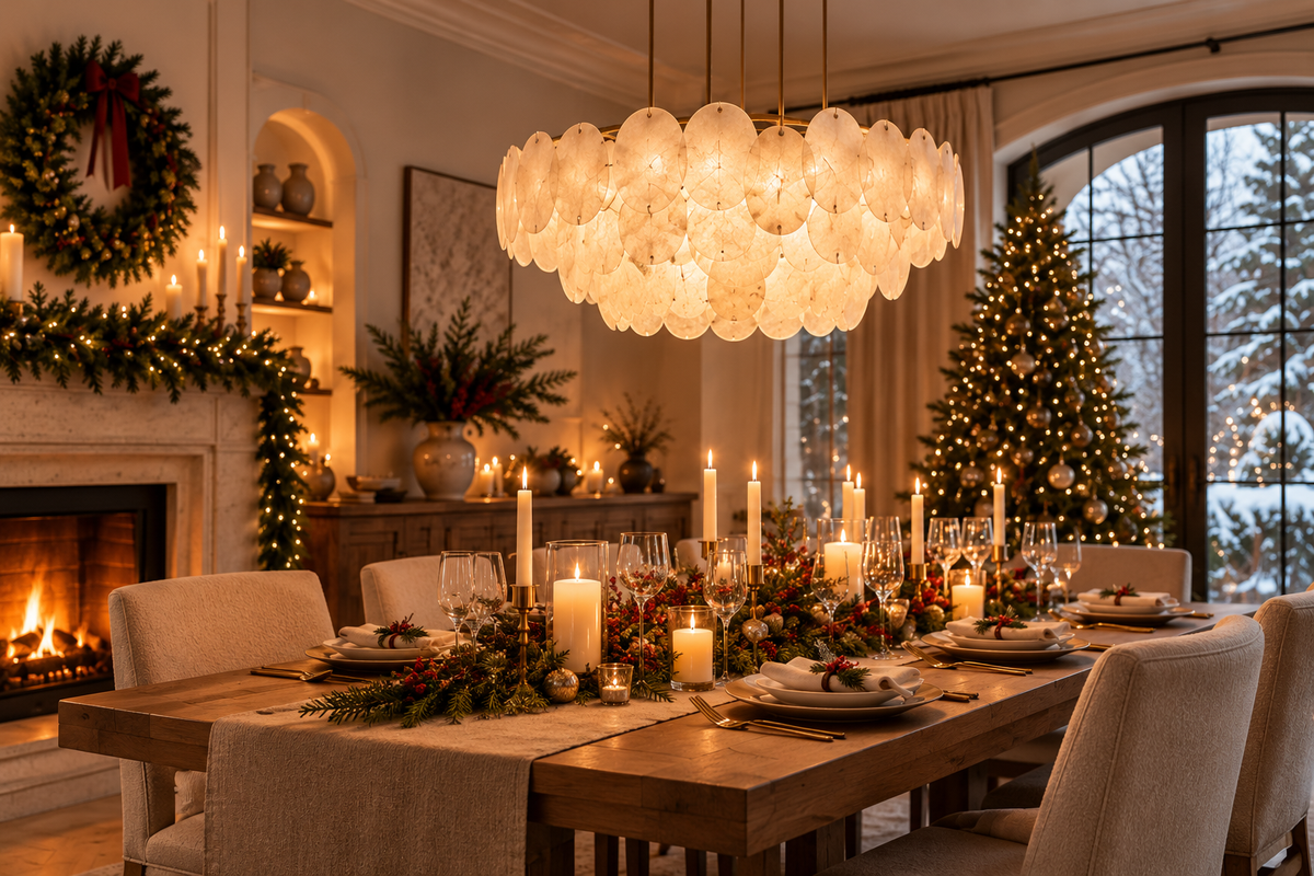 Christmas dining room lighting with warm chandelier over decorated holiday table