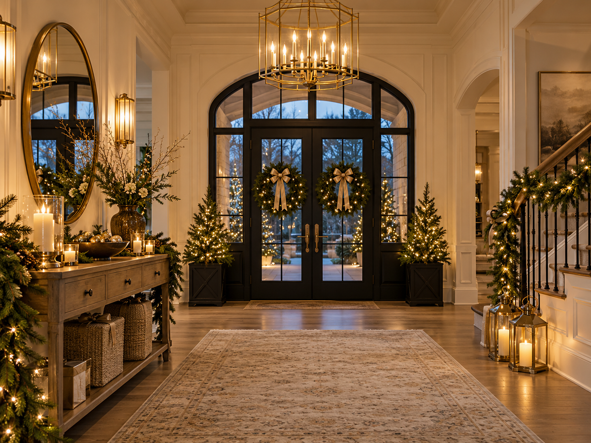 Christmas entryway lighting with glowing lantern chandelier, decorated garland, and holiday wreaths