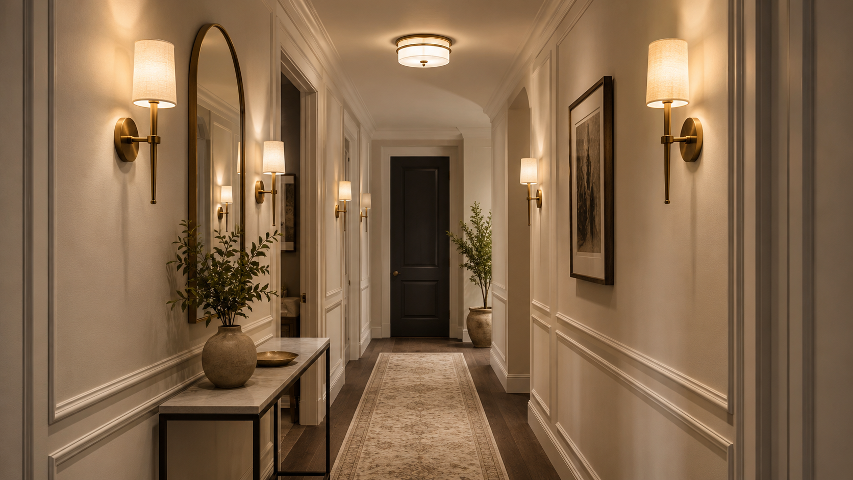 Hallway wall sconces and flush mount ceiling light creating soft path lighting in a warm modern hallway