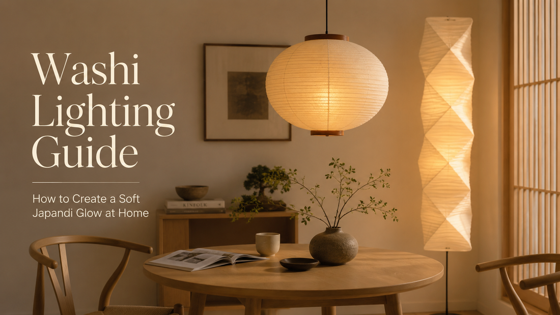 Washi globe pendant and floor lamp creating a soft Japandi glow