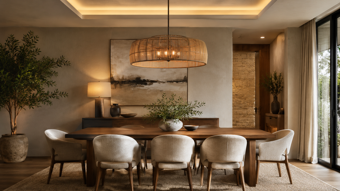 Dining room pendant light centered above a wooden table in a warm modern interior