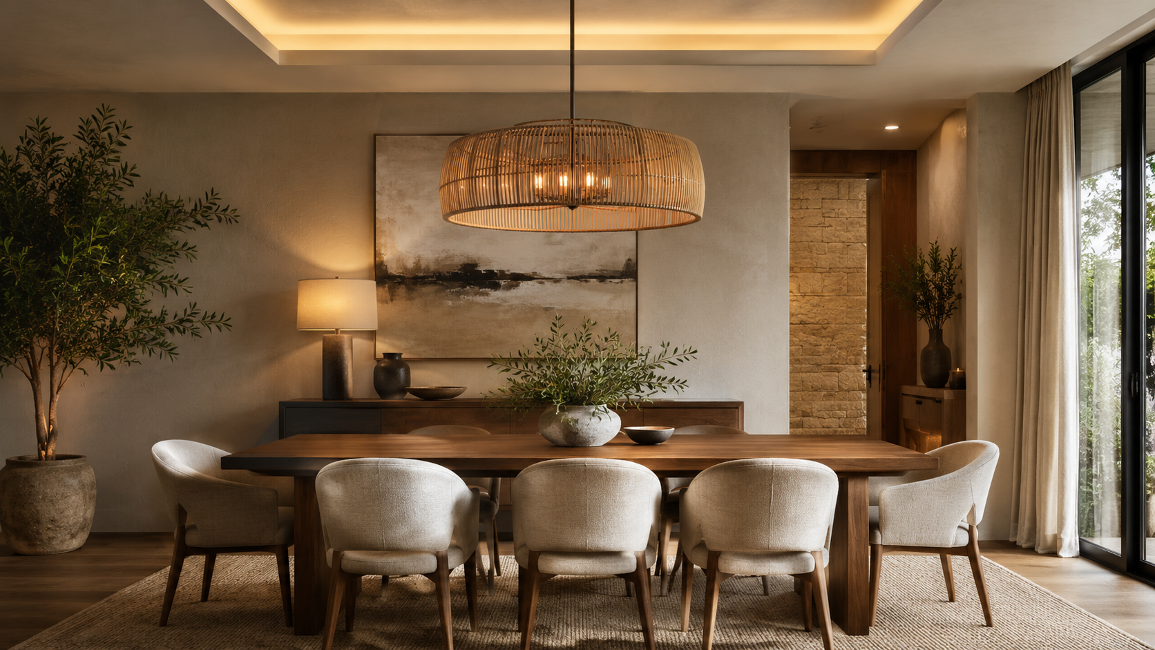 Dining room pendant light centered above a wooden table in a warm modern interior