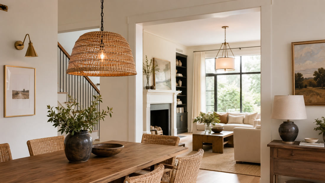 Open-plan room mixing a rattan pendant with coordinated fixtures in warm modern interior
