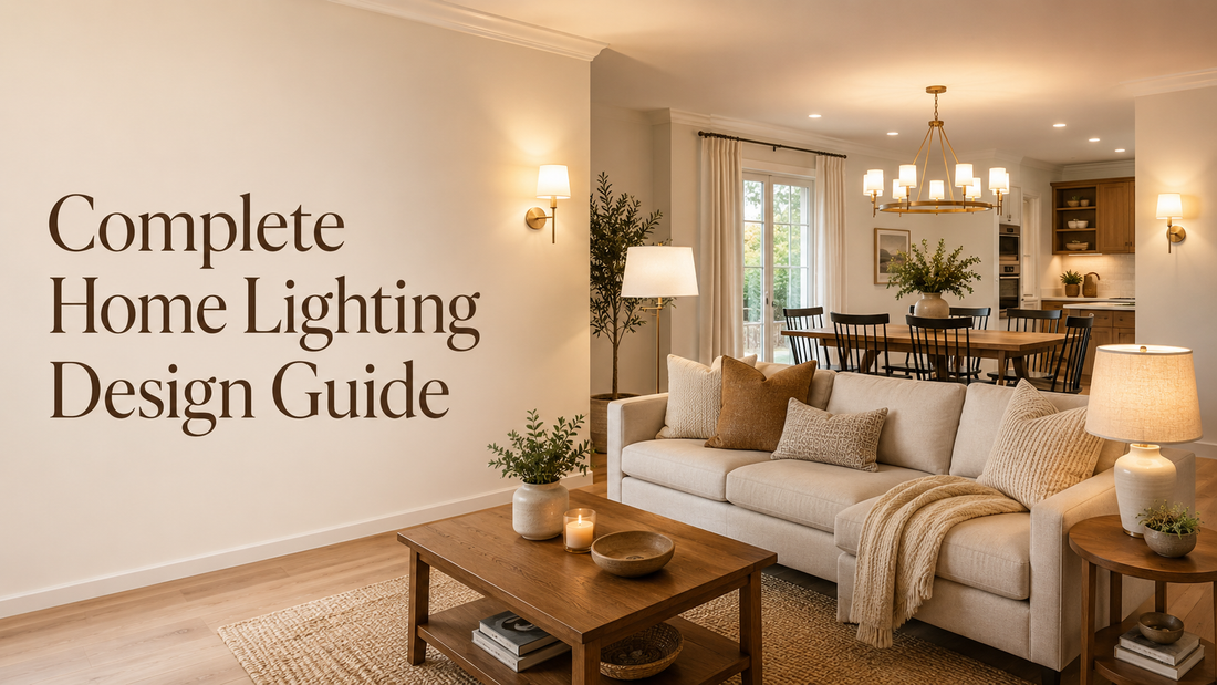 Warm modern living and dining room with layered home lighting