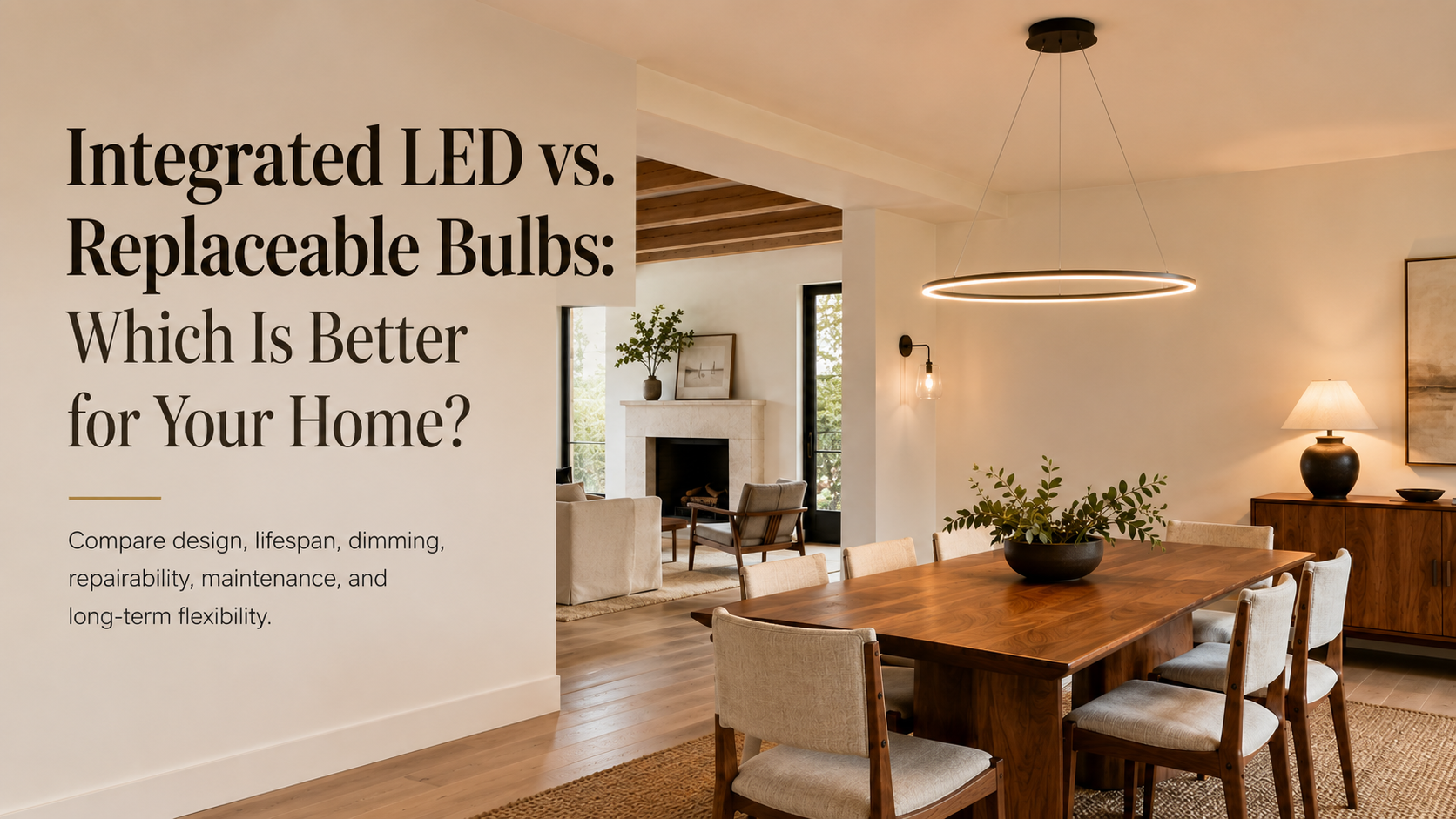 Integrated LED chandelier and replaceable bulb lighting in a warm modern dining room