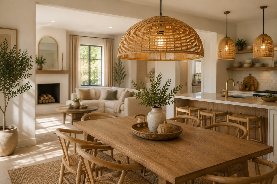 Natural woven lighting for warm modern dining rooms kitchens and living spaces