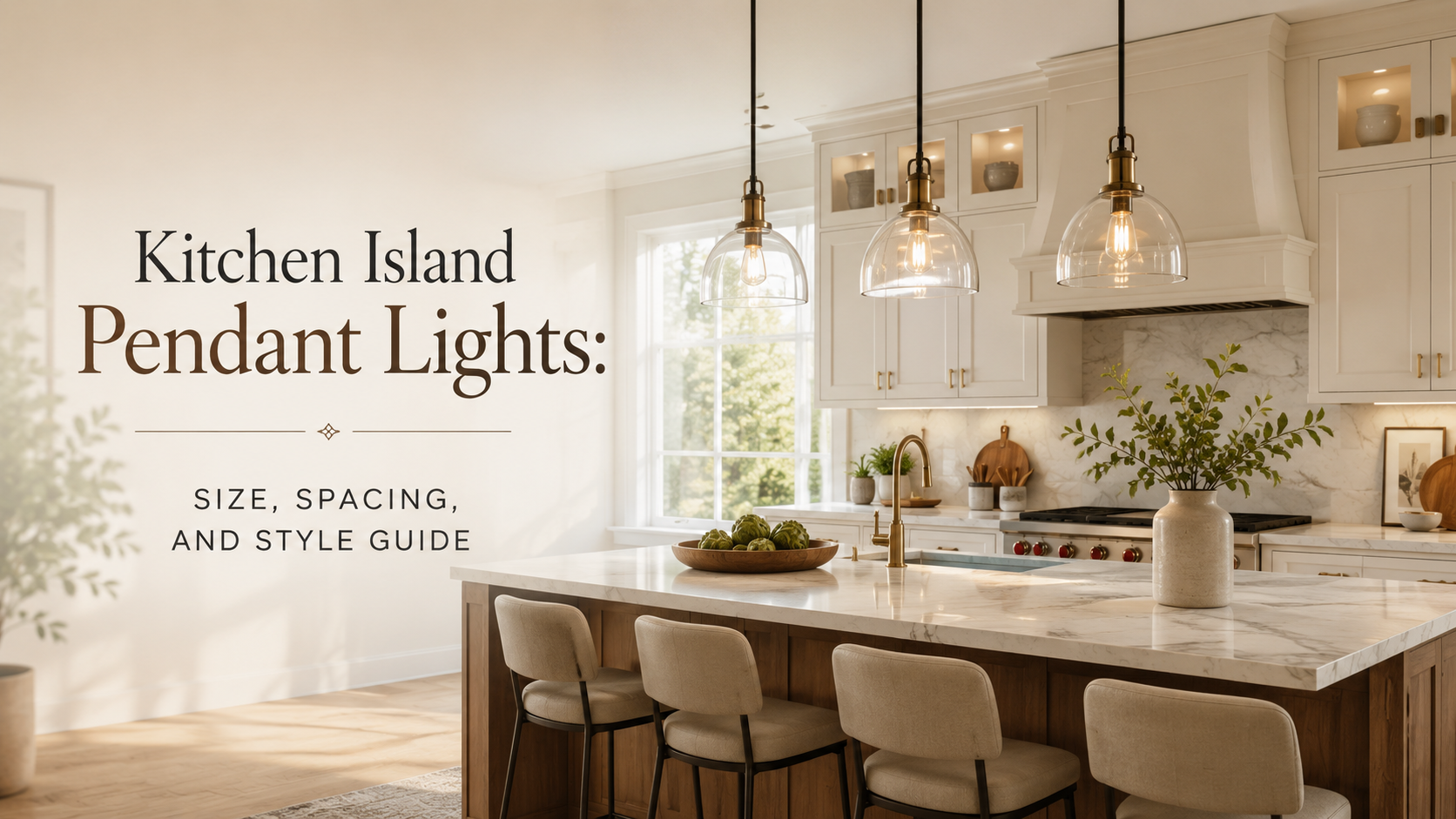 Kitchen island pendant lights over a warm modern kitchen island
