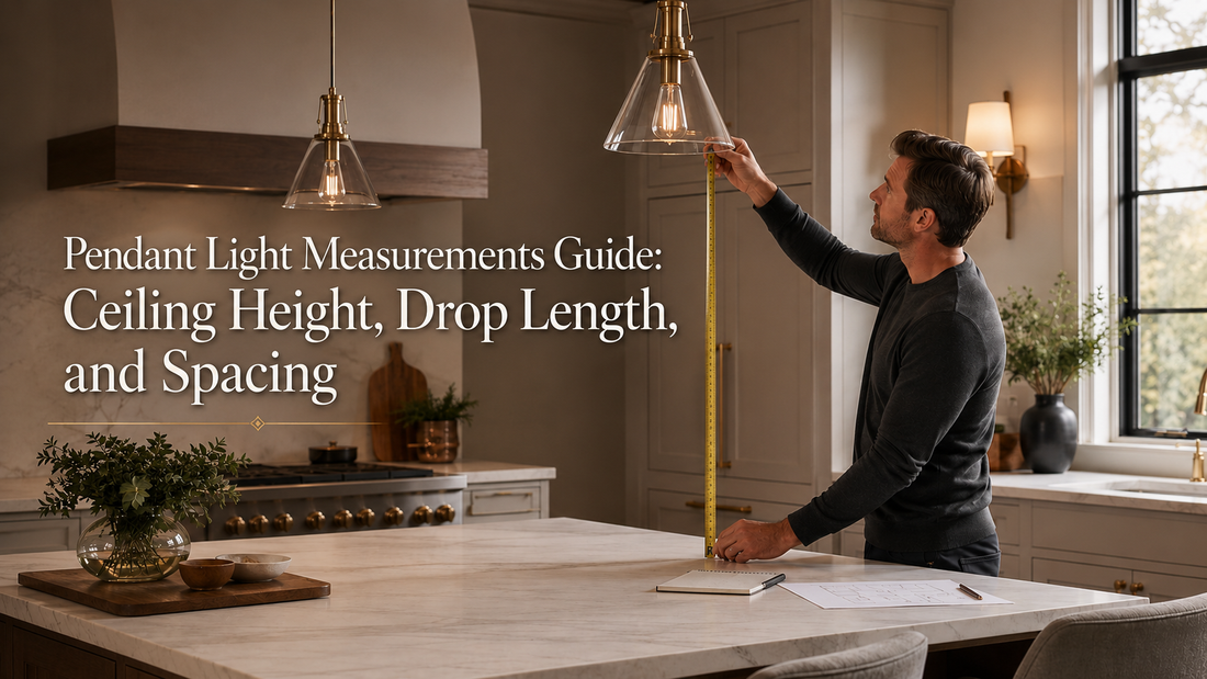 Homeowner measuring pendant light height above a kitchen island countertop.
