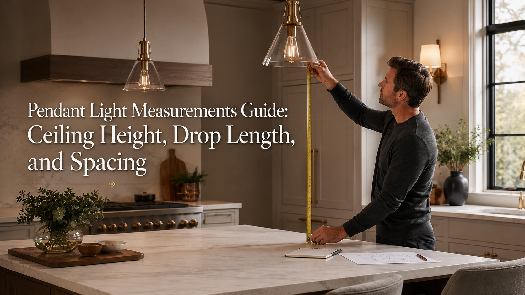 Homeowner measuring pendant light height above a kitchen island countertop.