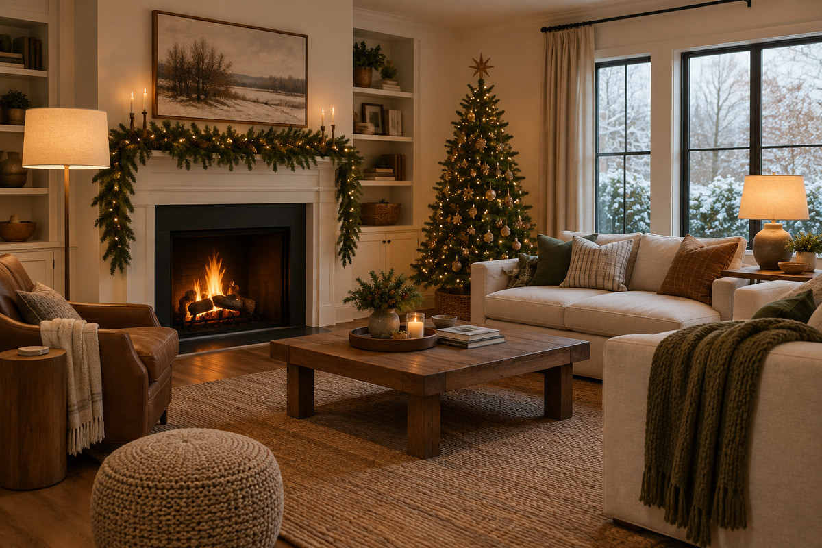 Illustrative Christmas living room with layered lighting and a decorated tree