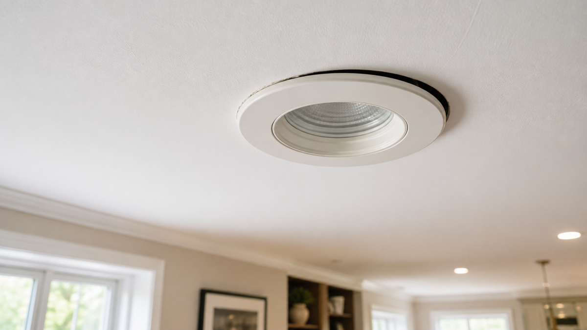 A recessed light trim ring sitting flush against a white ceiling
