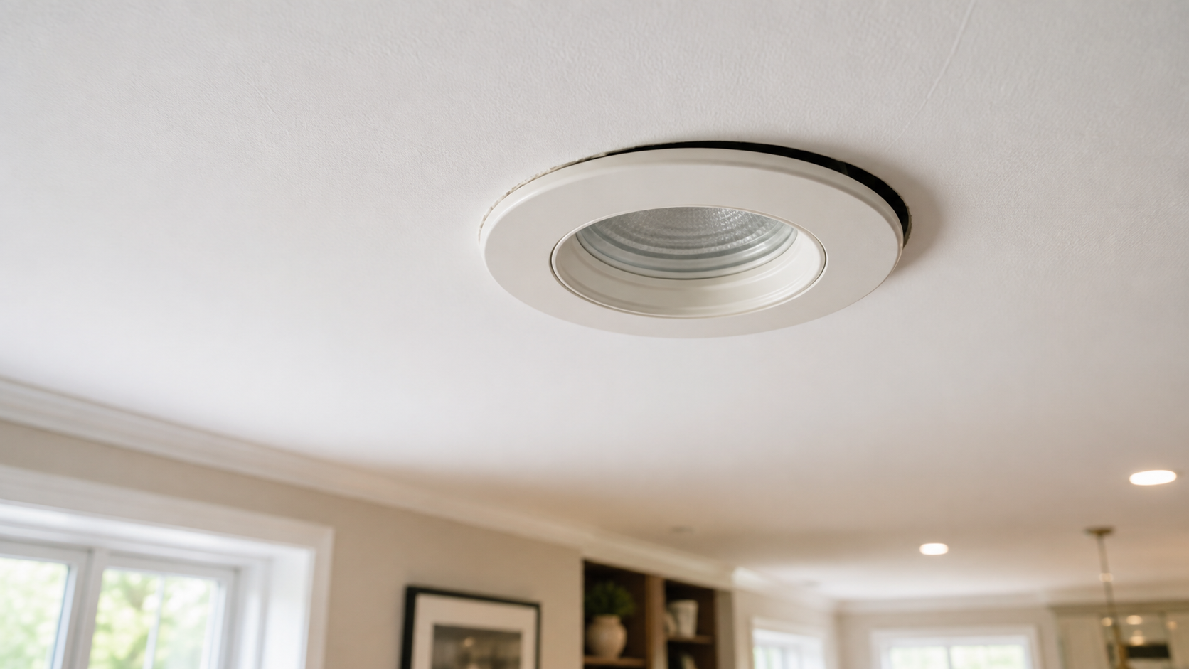 A recessed light trim ring sitting flush against a white ceiling
