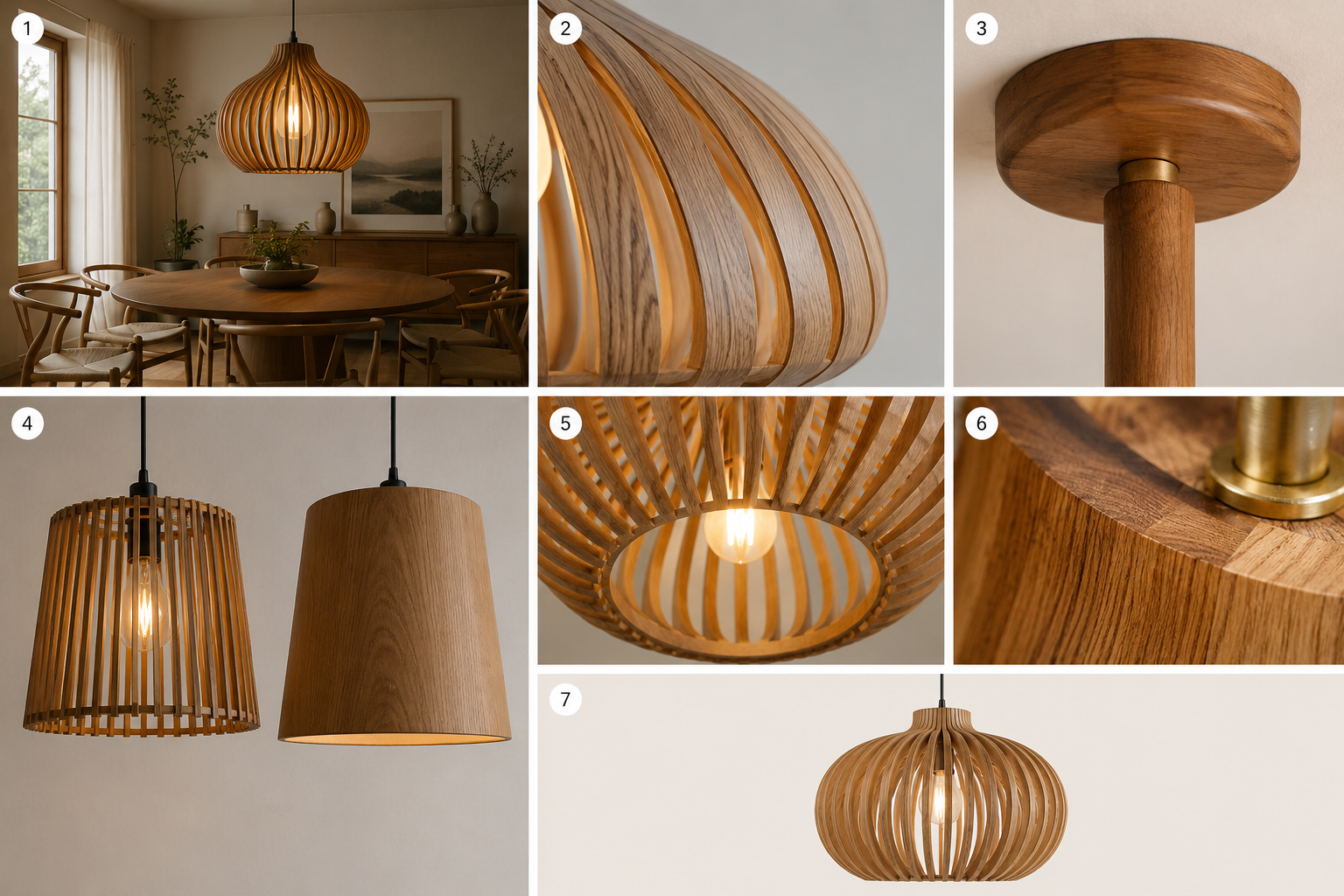 Warm modern dining room with a wood pendant light above a round dining table