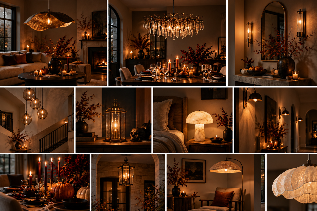 Elegant Halloween lighting ideas with warm moody pools of light, statement chandeliers, and glowing lanterns