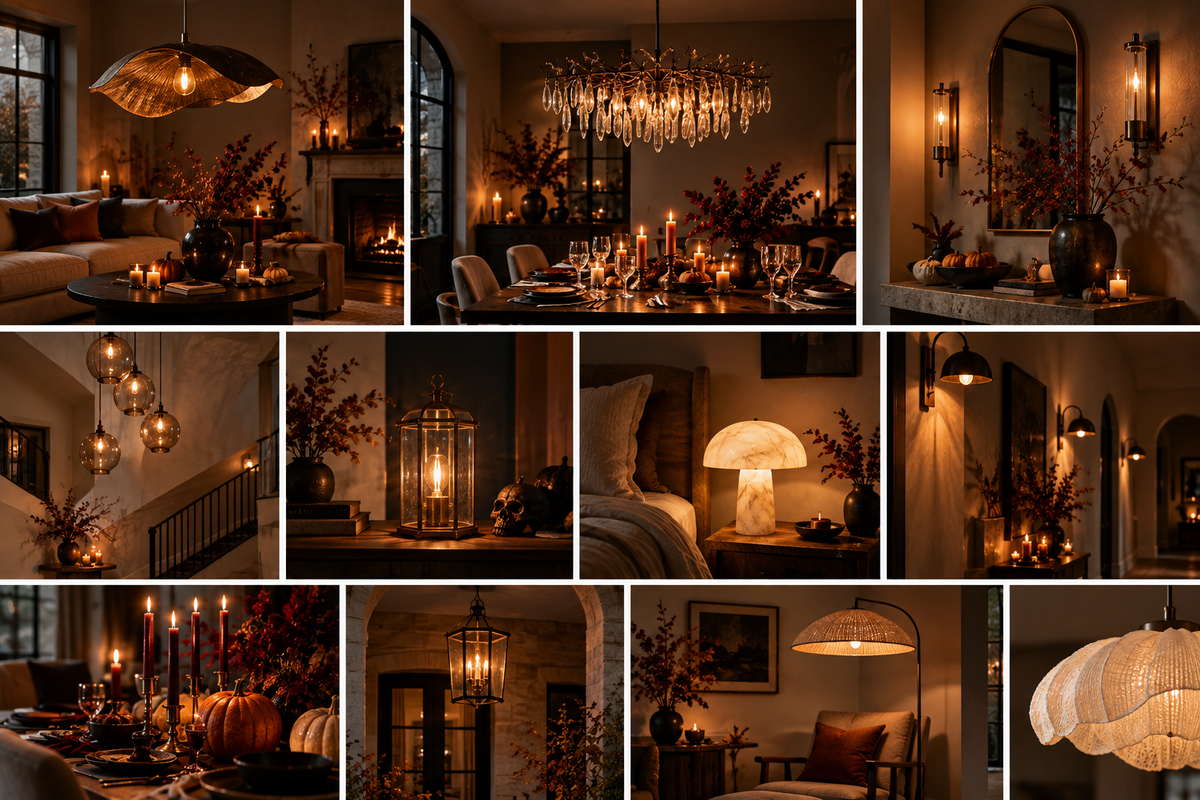 Elegant Halloween lighting ideas with warm moody pools of light, statement chandeliers, and glowing lanterns