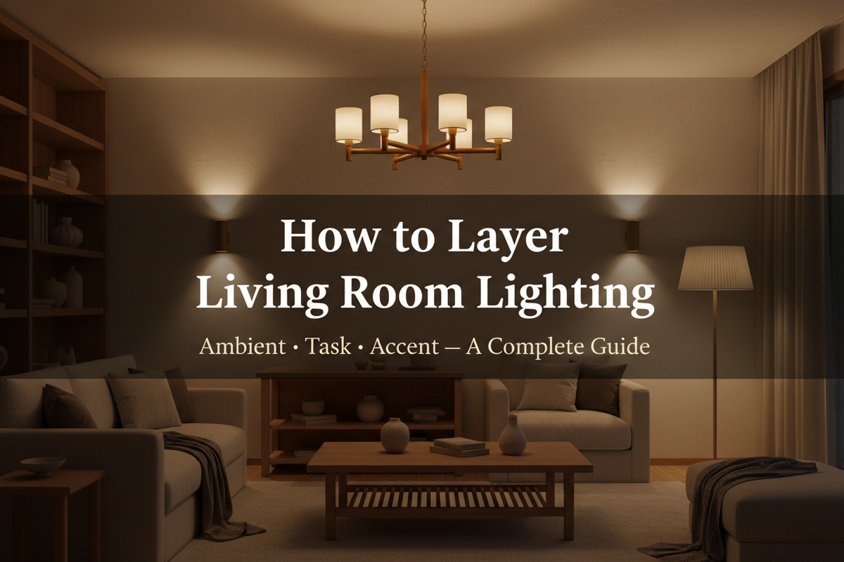 Layered living room lighting guide — warm Japandi interior with chandelier, wall sconces, and floor lamp at dusk