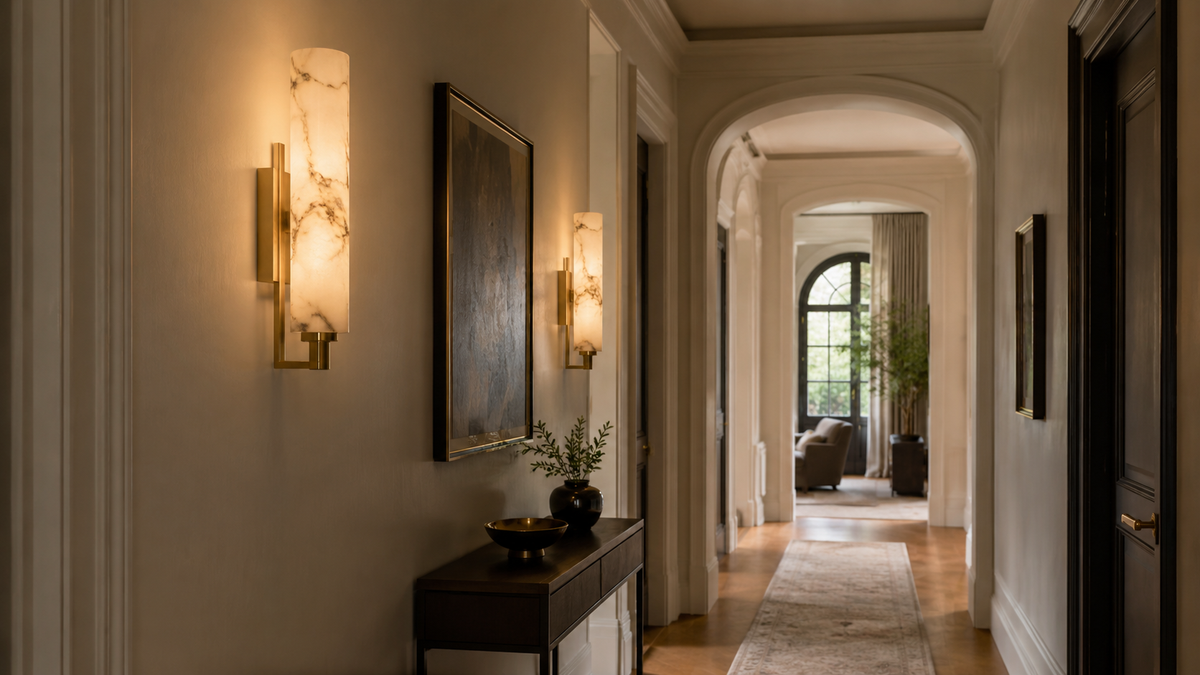 Alabaster wall sconce with brass hardware mounted in a residential hallway, warm light glowing through stone shade