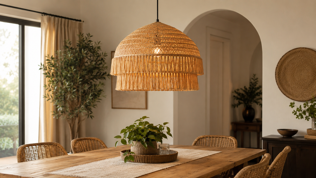 Woven rattan fringe pendant light over a dining table in a warm modern interior