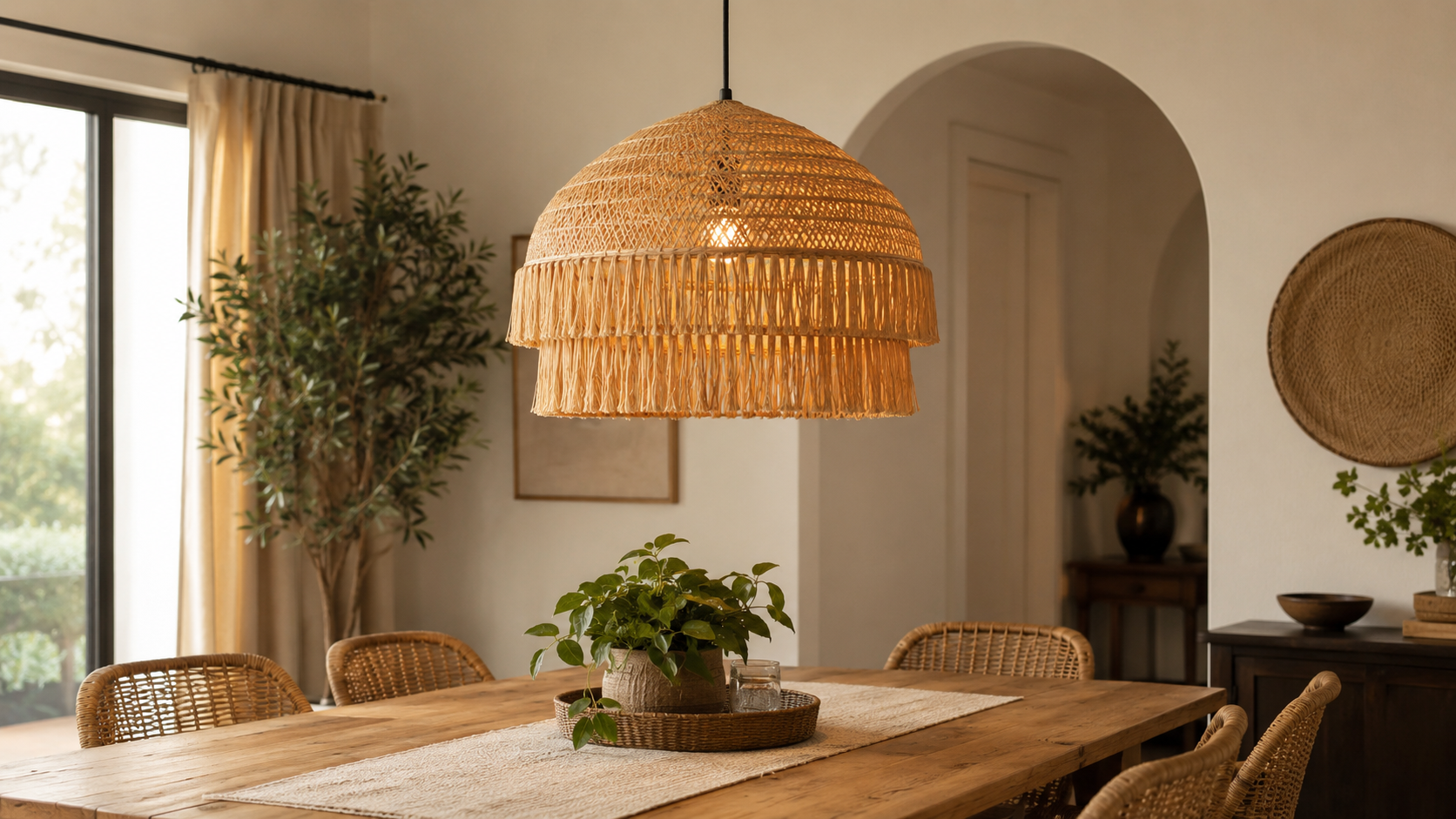 Woven rattan fringe pendant light over a dining table in a warm modern interior