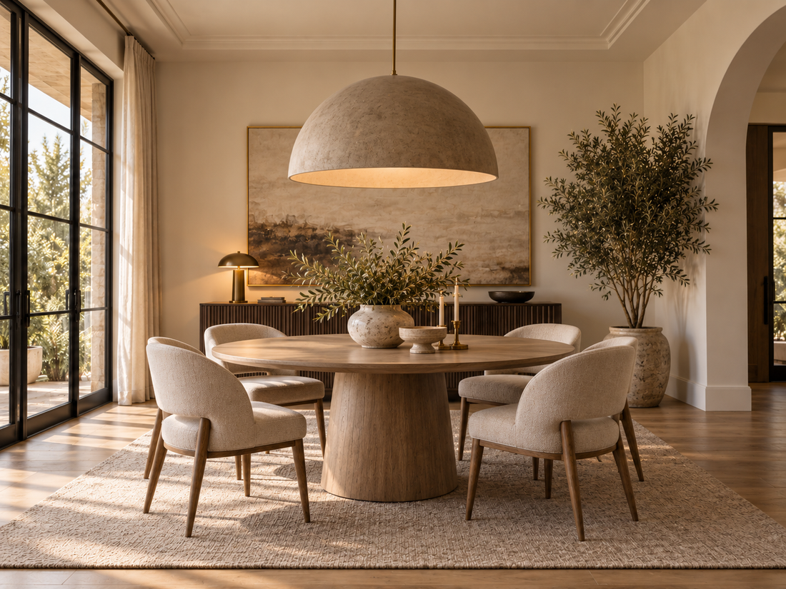 Large dome pendant light hanging centered over a round wooden dining table with upholstered chairs