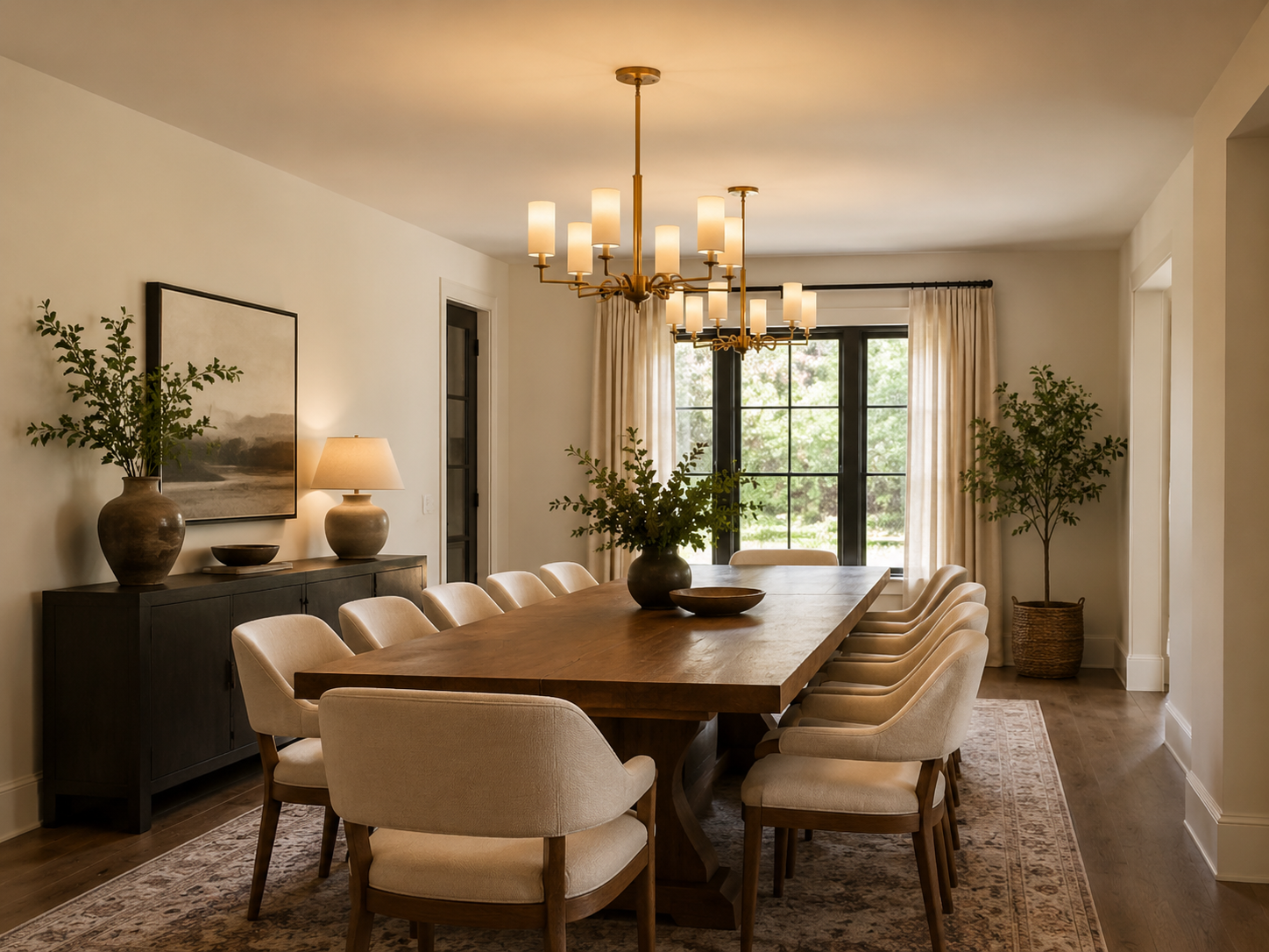 Two chandeliers hanging over a long dining table in a bright open-plan dining room
