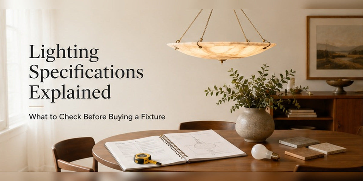 Warm modern dining room with pendant light and lighting specification guide on a wooden table