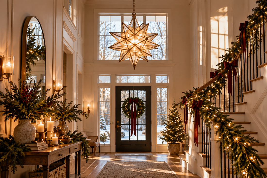 Moravian star pendant light hanging in grand Christmas entryway with decorated staircase garland and holiday wreaths