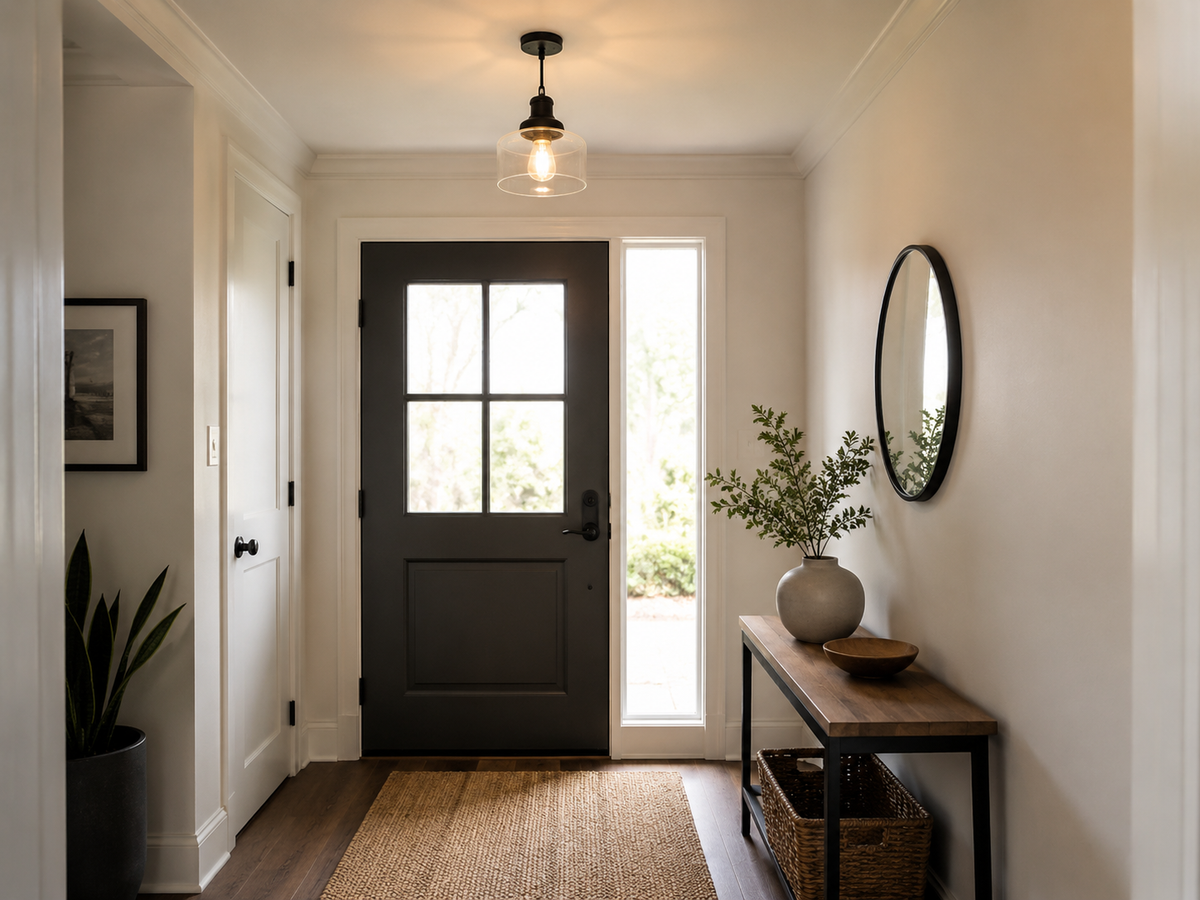 Pendant light hanging in a standard-height entryway with front door and sidelights