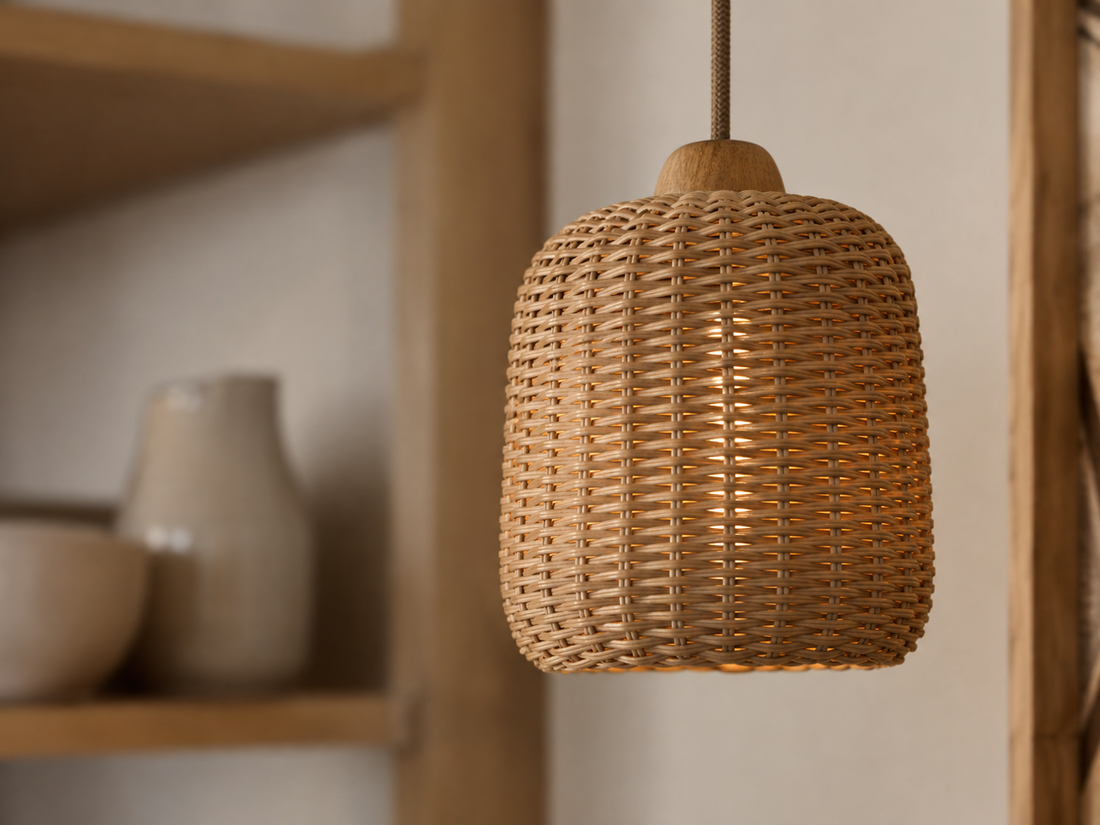 Woven rattan dome pendant light over a round dining table in a bright modern interior