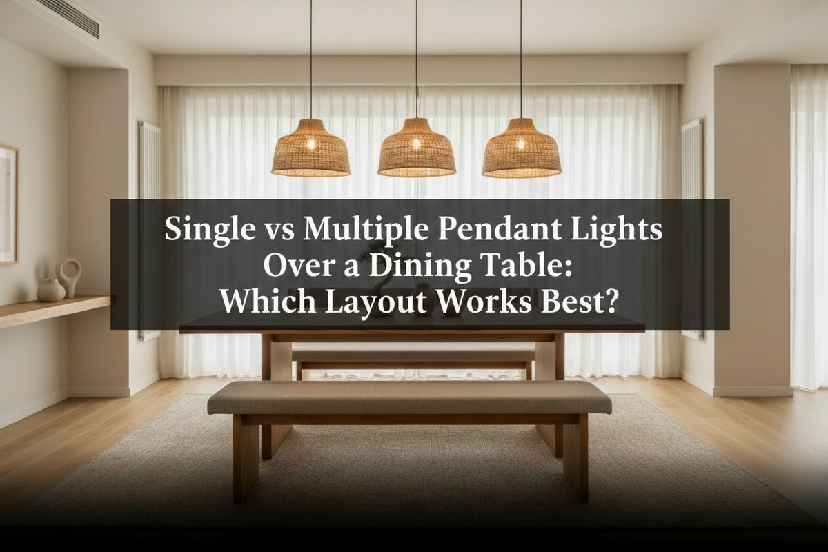 Three pendant lights hanging over a long wooden dining table in a modern Japandi dining room
