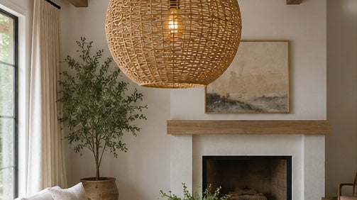 Large woven globe chandelier hanging in a bright living room interior