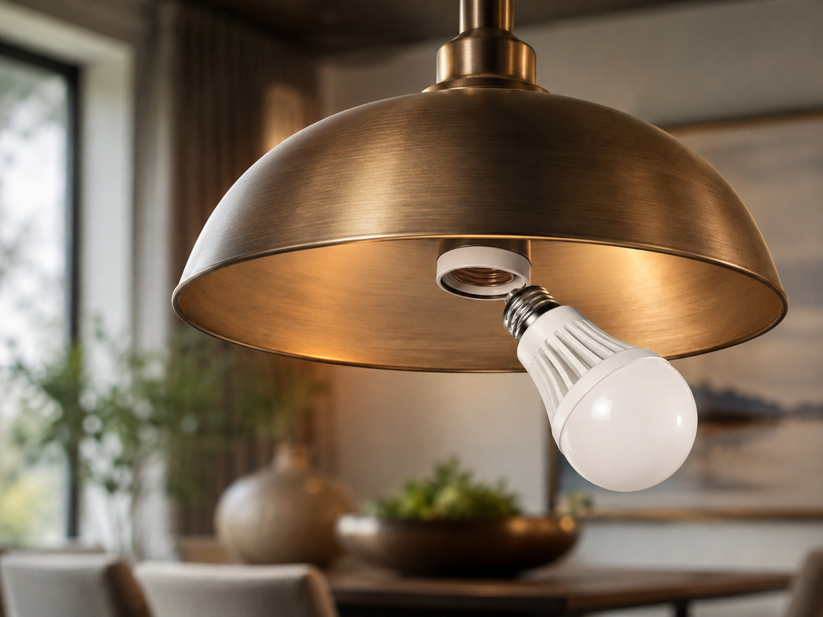 Two pendant lights hanging over a dining table — one with a clear glass shade showing a warm Edison bulb, one with a dark opaque shade — in a warmly lit dining room