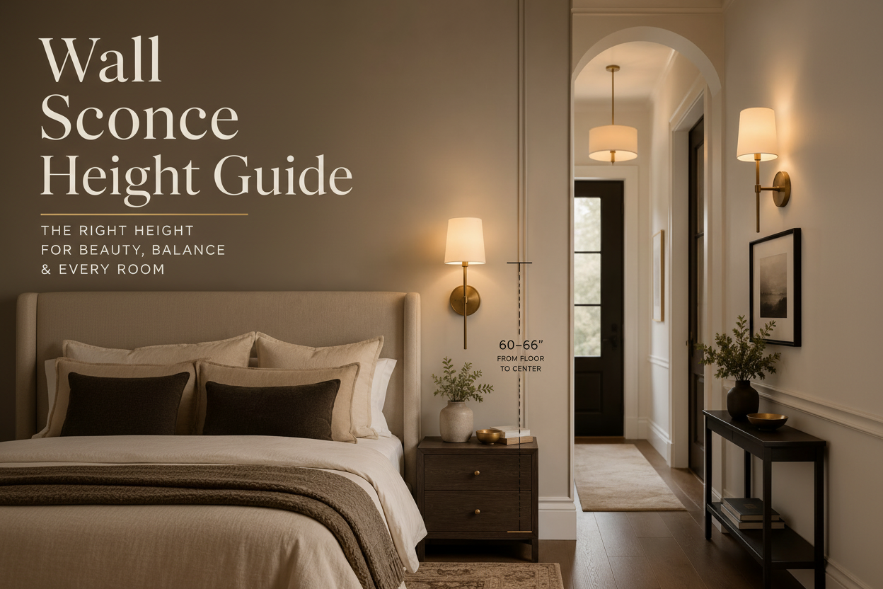 Wall sconce height guide showing properly placed bedroom and hallway wall lights