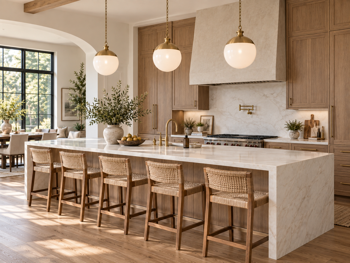 Three brass globe pendant lights over a long kitchen island — example of a 3-pendant layout on a large island