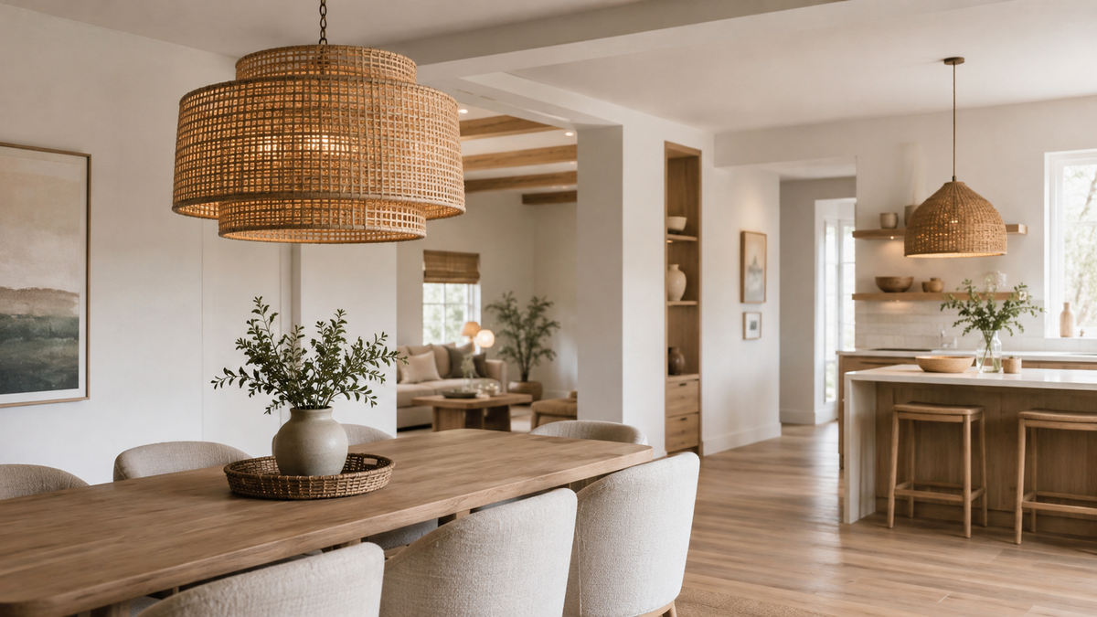 Woven chandelier and woven pendant light in a warm modern open-plan interior