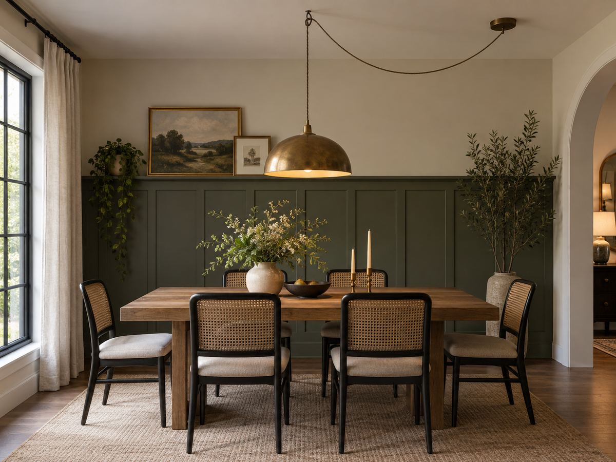 Pendant light swagged from an off-center ceiling junction box to center over a dining table