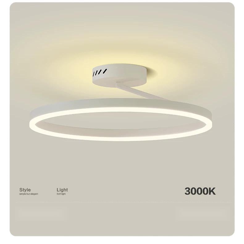 A modern white circular LED ceiling light fixture with a warm yellow glow, shown against a light beige background with text indicating 'Style', 'Light', and '3000K'.