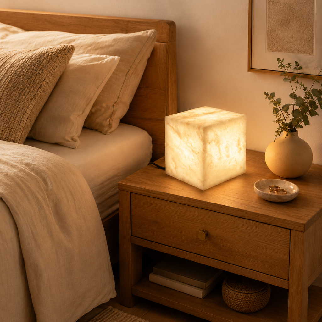 Cube Alabaster Table Lamp square: 7.8" (20cm) White Glowryte