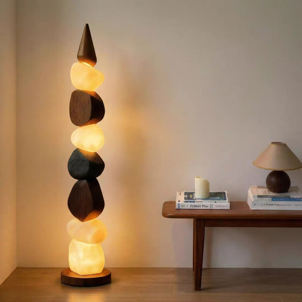 Pebble Stack Floor Lamp Dia 11“ × H 61” (Dia 28 × H 155 cm) Walnut Wood Glowryte