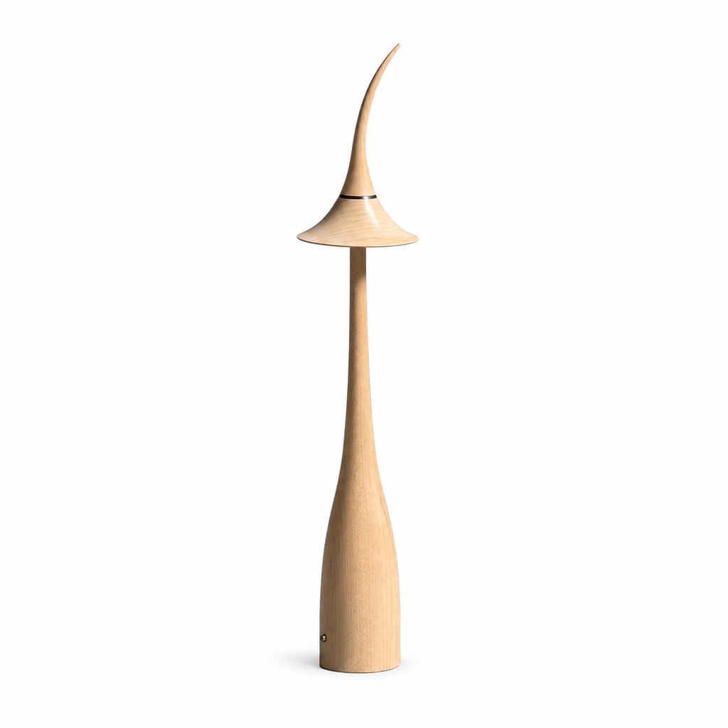 Wooden floor lamp with a unique design on a white background