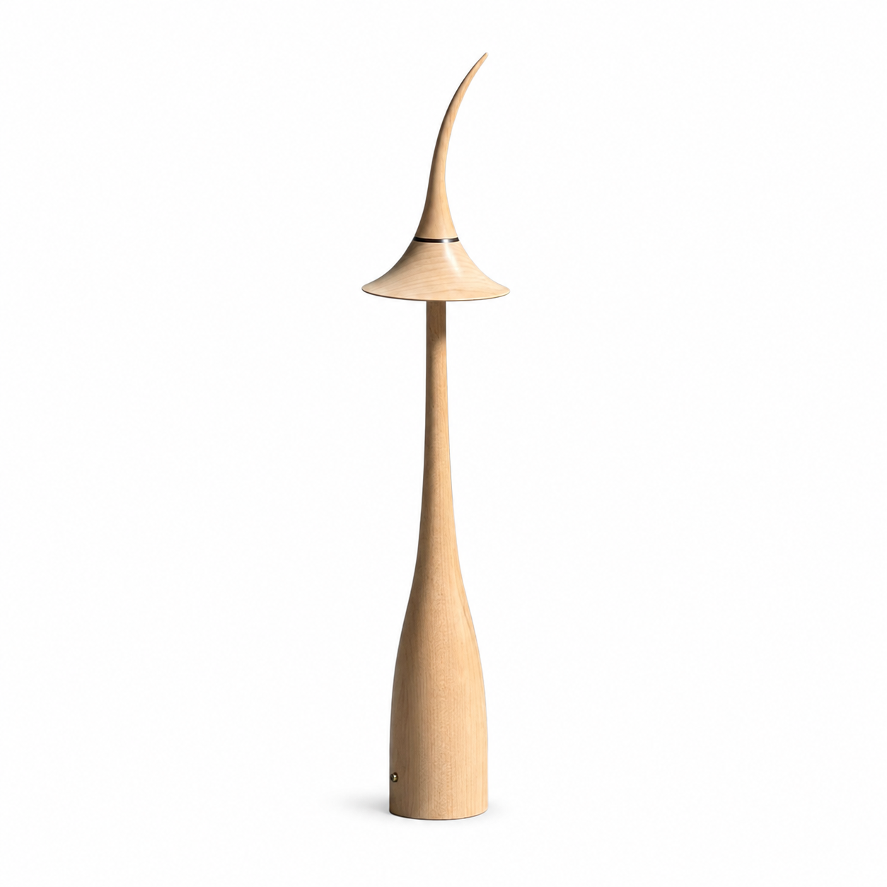 Wooden floor lamp with a unique design on a white background