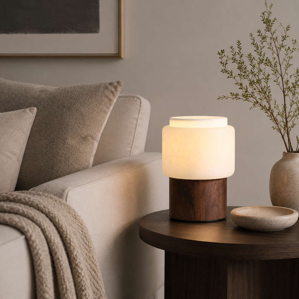 Noma Alabaster Walnut Table Lamp Natural Wood Dia 7.9" × H 9.8" ( Dia 20 × H 25 cm) Glowryte