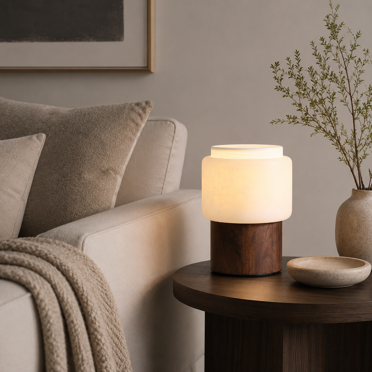 Noma Alabaster Walnut Table Lamp Natural Wood Dia 7.9" × H 9.8" ( Dia 20 × H 25 cm) Glowryte