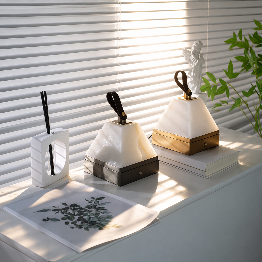 Pyramid Alabaster Portable Table Lamp L 5.5" × H 5.5” (L 14 × H 14 cm) White + Gold Glowryte