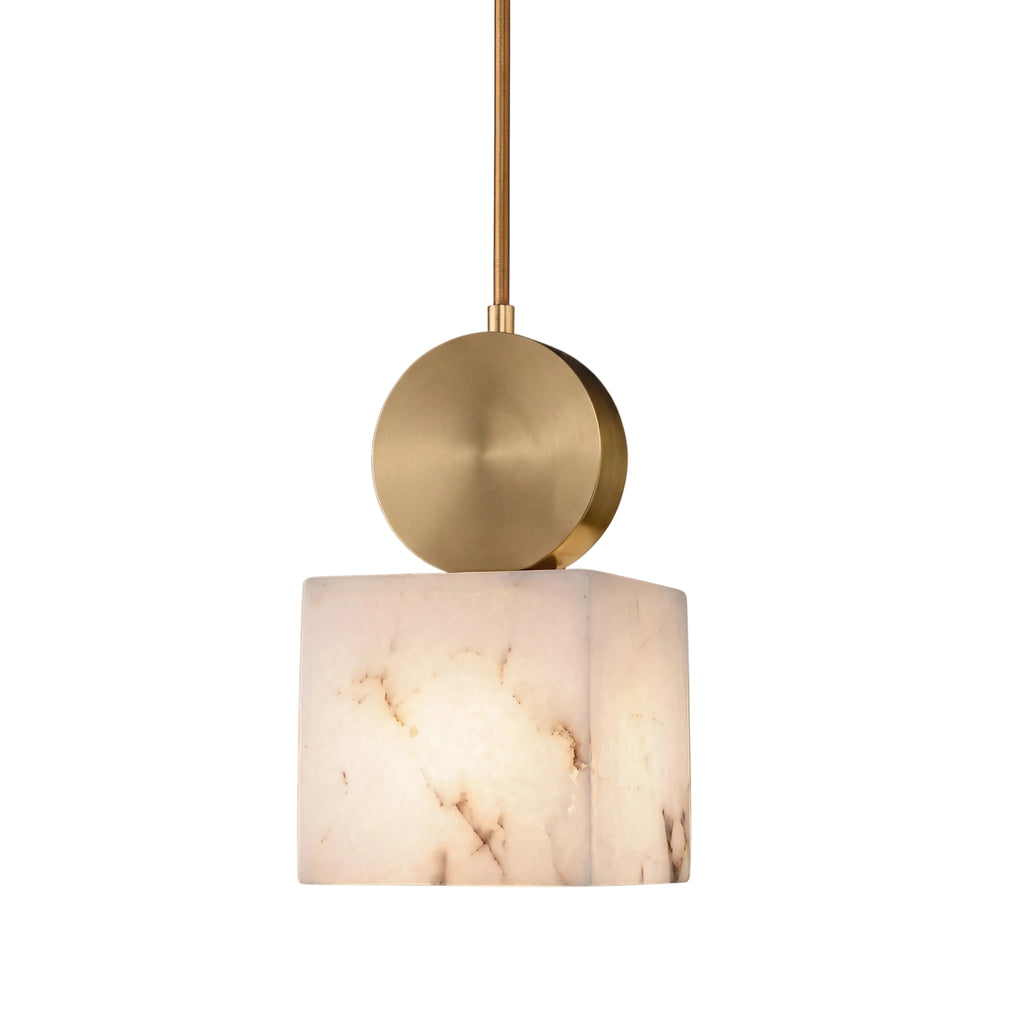 Luma Cube Alabaster Pendant Light D 4.7 × H 9" (D 12 × H 23 cm) Brass + White Glowryte