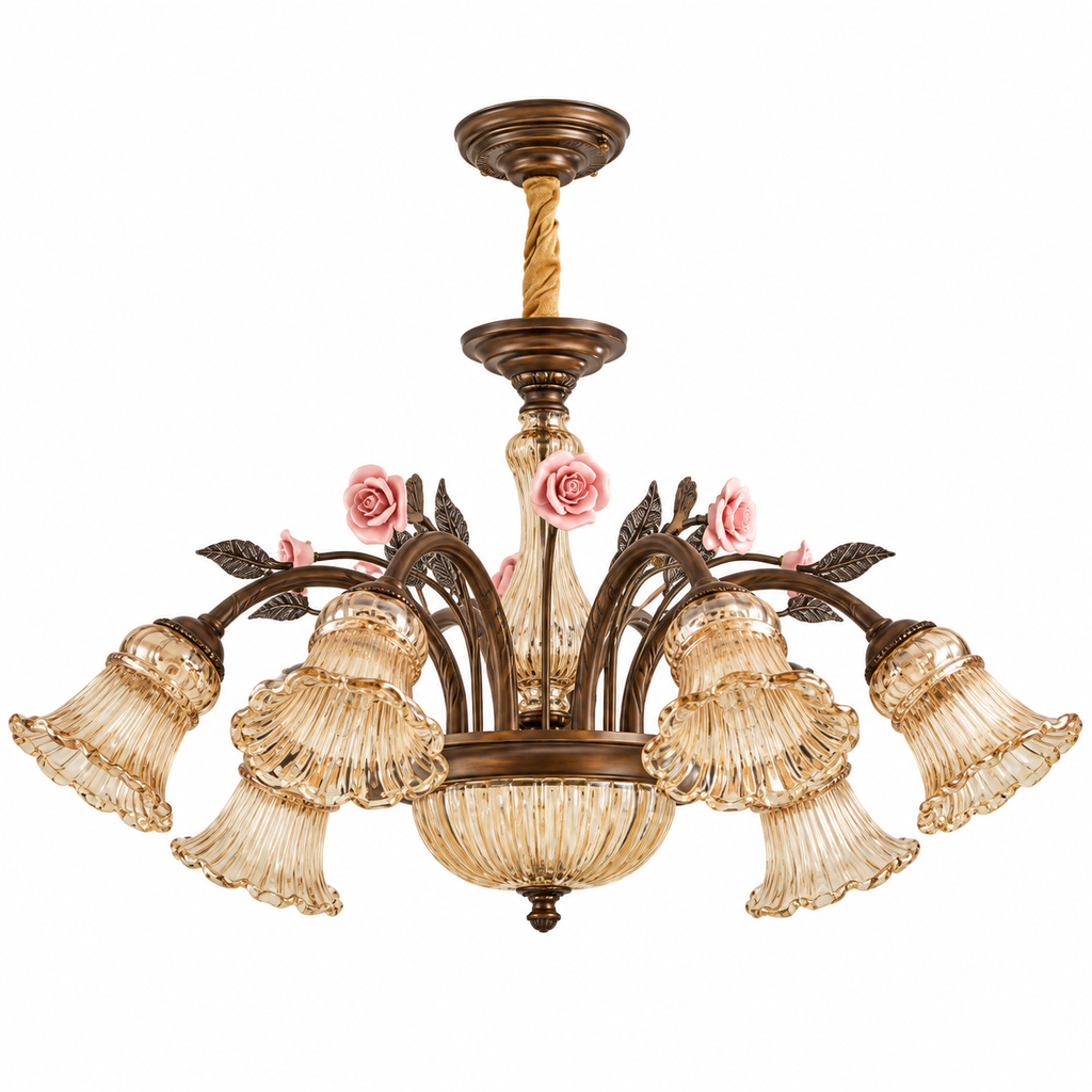 American Vintage Rose Blossom Chandelier 6-Light: Dia 28.7" × H 16.3" (Dia 73 × H 41.5 cm) Glowryte