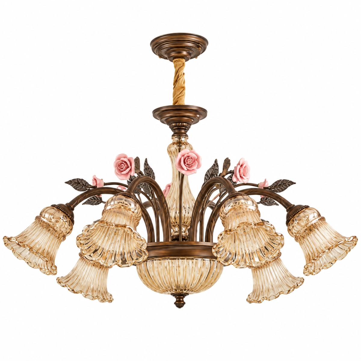 American Vintage Rose Blossom Chandelier 6-Light: Dia 28.7" × H 16.3" (Dia 73 × H 41.5 cm) Glowryte