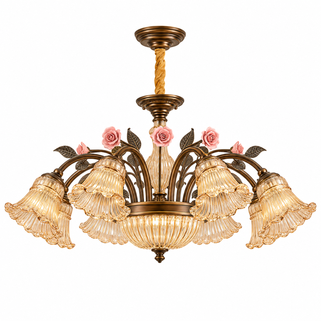 American Vintage Rose Blossom Chandelier 8-Light: Dia 32.7" × H 16.3" (Dia 83 × H 41.5 cm) Glowryte