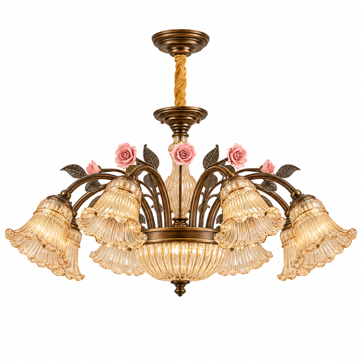 American Vintage Rose Blossom Chandelier 8-Light: Dia 32.7" × H 16.3" (Dia 83 × H 41.5 cm) Glowryte