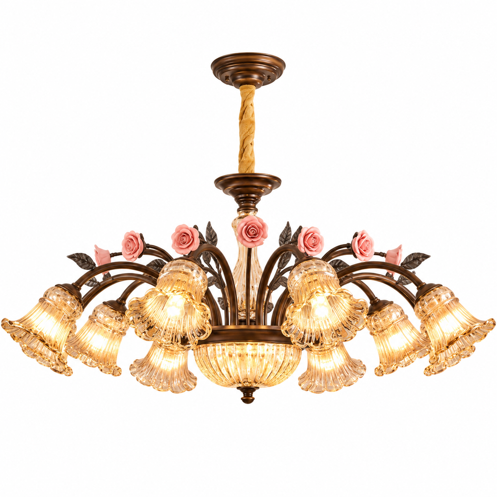 American Vintage Rose Blossom Chandelier 10-Light: Dia 37.0" × H 16.3" (Dia 94 × H 41.5 cm) Glowryte